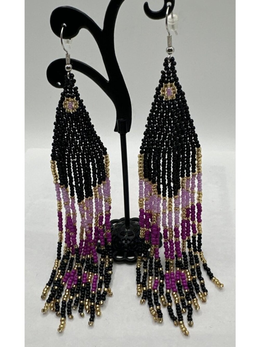 5” Long Black Purple Pink Beaded Fringe Earrings Native Style Seed Bead Dangle